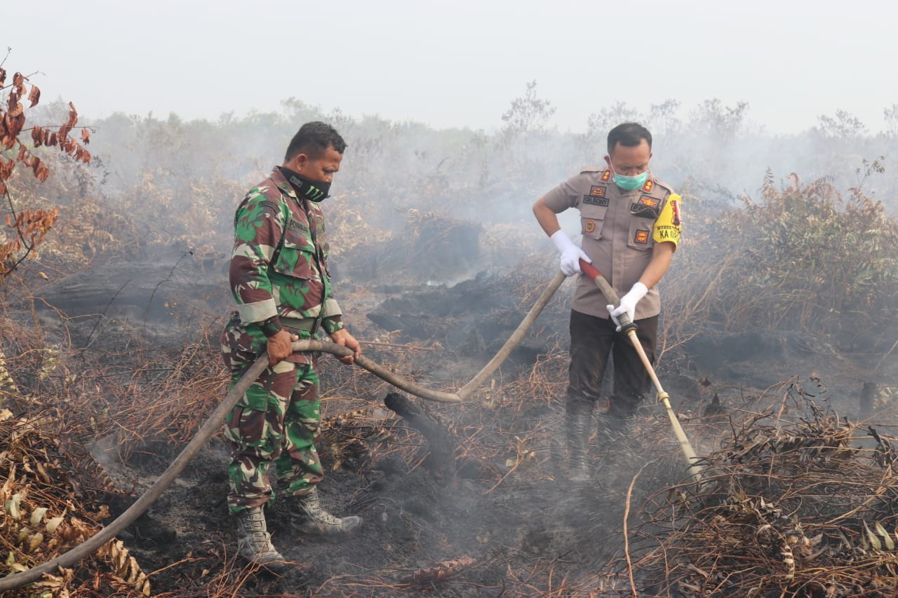 Kapolres Lakukan Pemadaman Kebakaran Lahan di Desa Kayu Raja